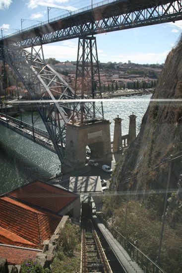 Blick aus der Bergbahn Funicular dos Guindais zur Ponte Dom Luis